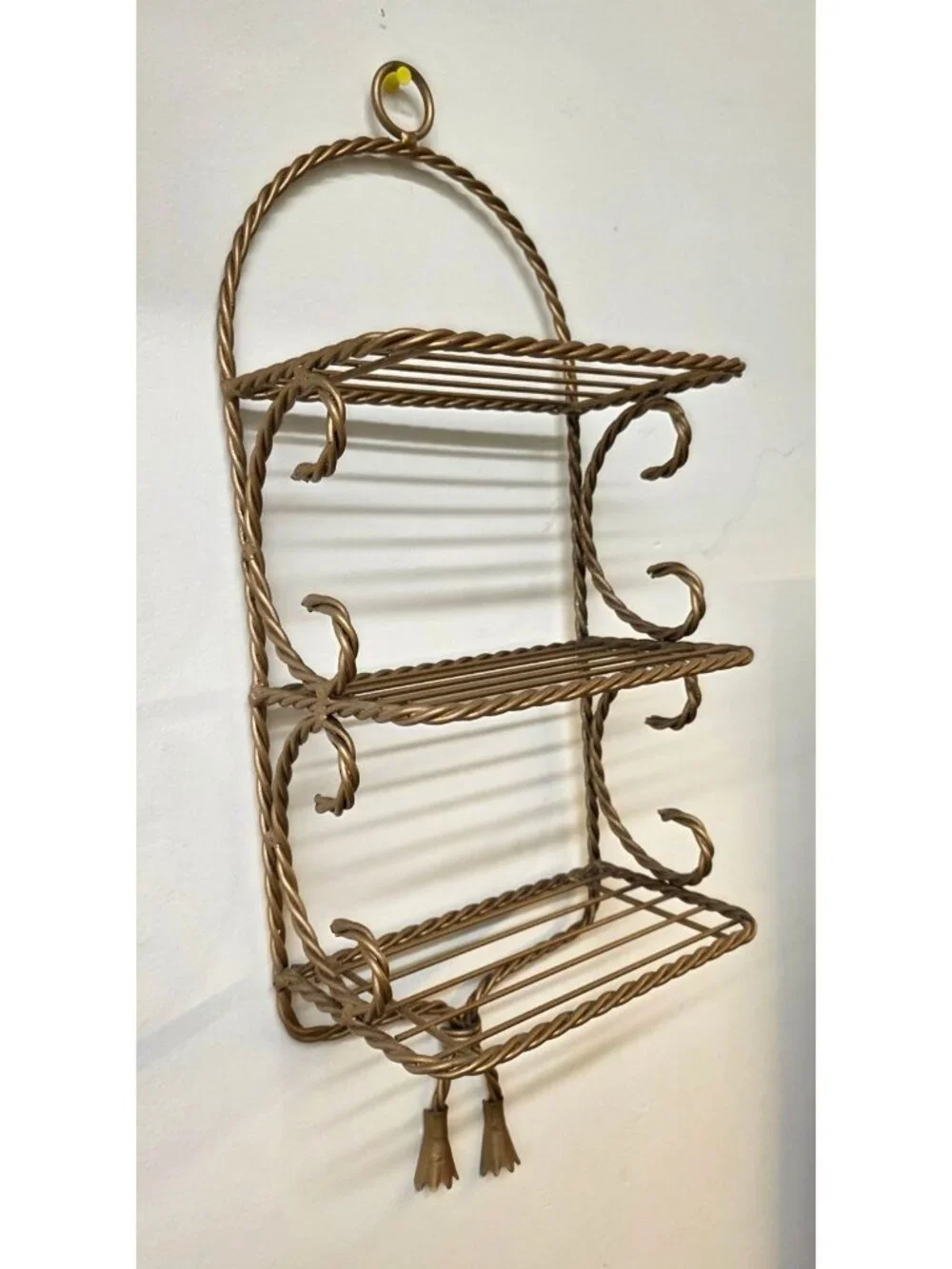 Vintage 3 Tier Twisted Rope Gold Tone Metal Wall Shelf Hollywood Regency Style